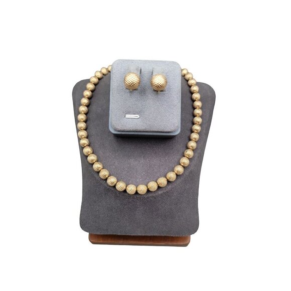 Crown Trifari 1960s Jewelry Set Metal Bead 16" Necklace & Clip On Earrings - Picture 5 of 16